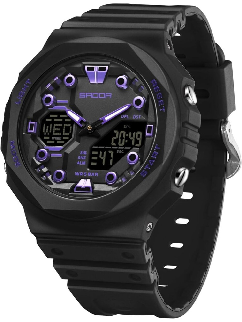 Women's Black Purple Sports Digital Waterproof Analog LED Backlight Wrist Watch
